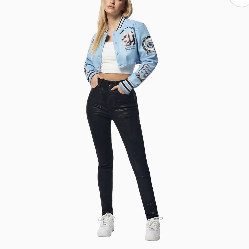 NEW! Smoke Rise Red PU Leather Varsity Jacket Coat Baby Blue Cropped Y2K  Sz S